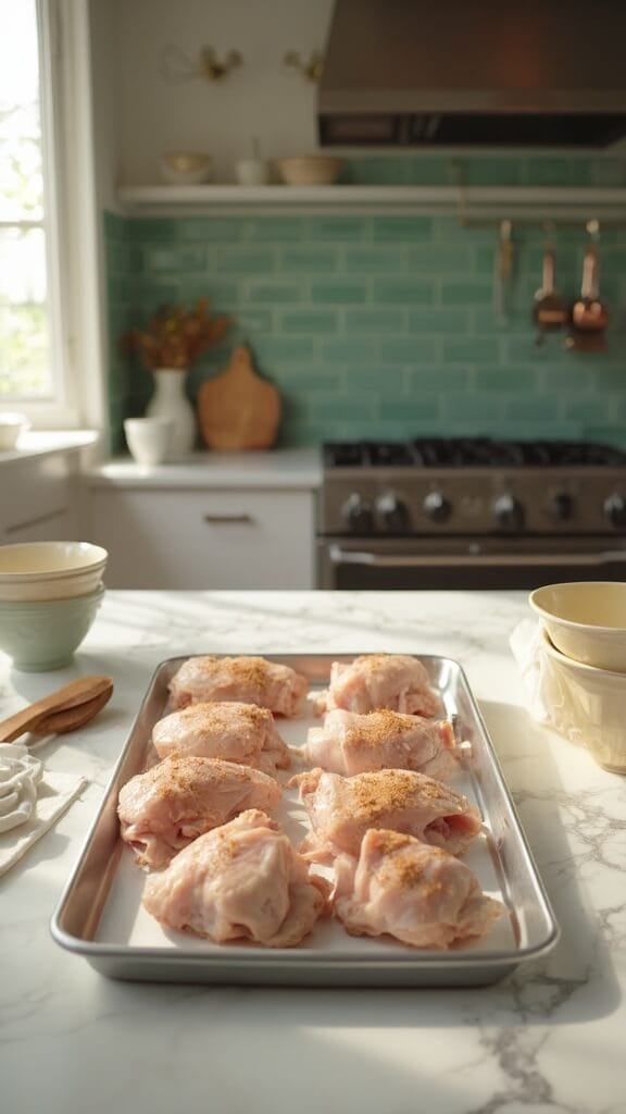 Perfectly Baked Chicken Thighs (Crispy Outside, Juicy Inside) 5 Seasoned chicken thighs on a baking sheet in a modern kitchen with wooden utensils, ceramic bowls, and green subway tile backsplash