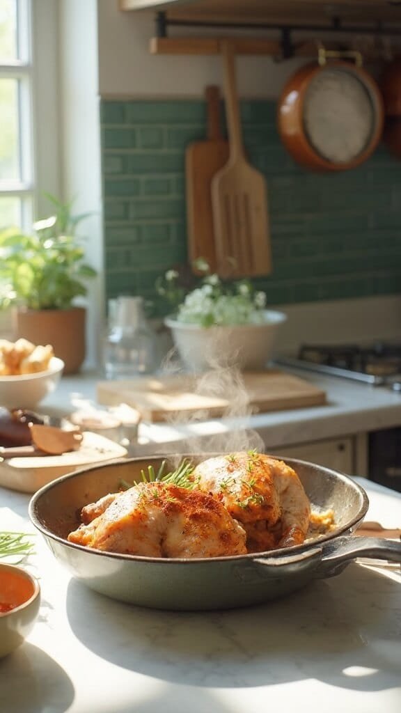 Perfectly Baked Chicken Thighs (Crispy Outside, Juicy Inside) 6 Golden-brown chicken thighs fresh from the oven in a modern kitchen with white marble countertops, green subway tile backsplash, and natural daylight.