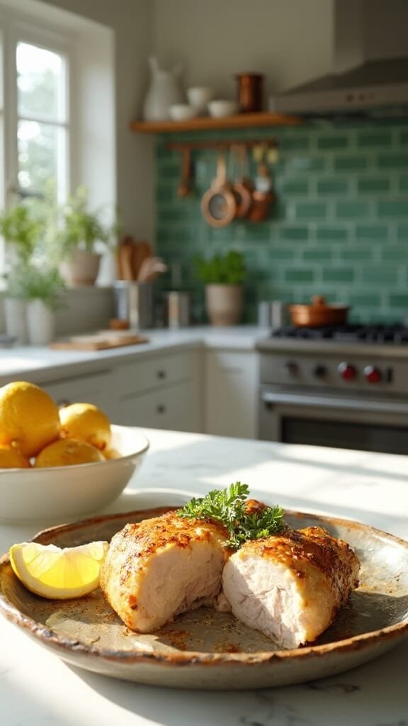 Perfectly Baked Chicken Thighs (Crispy Outside, Juicy Inside) 7 Plated chicken thighs with fresh parsley and lemon on rustic ceramic dish in a modern kitchen with green subway tile backsplash and warm, earthy color grading