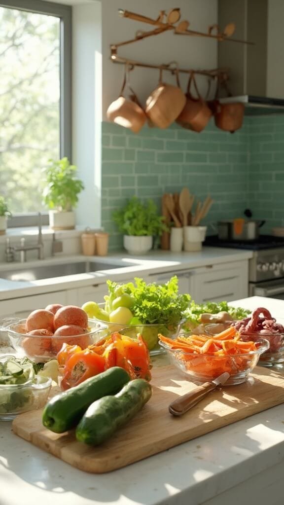 Healthy Snacks: Quick, Nutritious, And Delicious Options 3 Professional kitchen scene with modern cookware and fresh produce under natural daylight, captured from a 45-degree angle with a canon 5d mark iv.