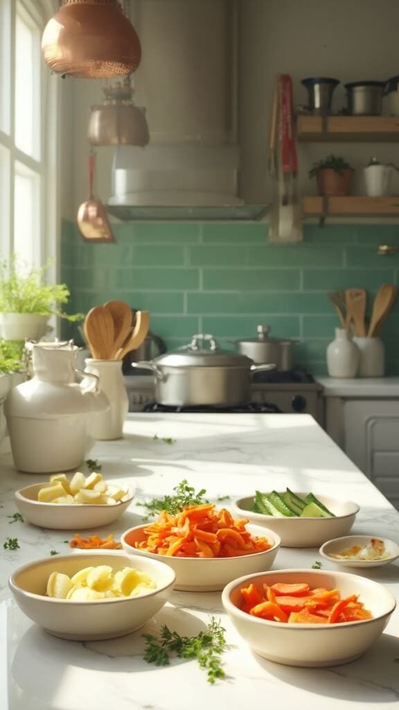 Healthy Snacks: Quick, Nutritious, And Delicious Options 4 Modern kitchen with white marble countertops and stainless steel appliances, featuring cut produce in cream-colored ceramic bowls and fresh herbs, shot in natural daylight.