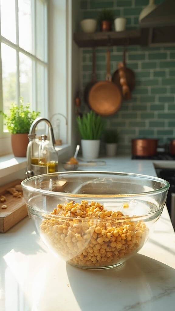 Healthy Snacks: Quick, Nutritious, And Delicious Options 5 Chickpeas being seasoned in a glass bowl in a modern kitchen with white marble countertops, wooden utensils, and green subway tile backsplash, lit by natural daylight.