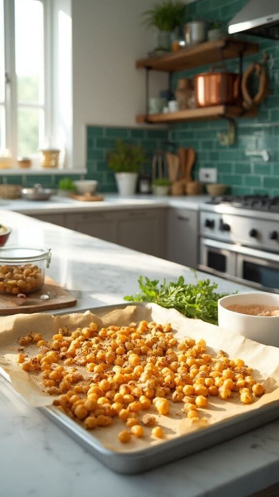 Healthy Snacks: Quick, Nutritious, And Delicious Options 6 Seasoned chickpeas on a baking sheet in a modern kitchen with green subway tile backsplash, cream-colored ceramic bowls and wooden utensils, illuminated by natural daylight.