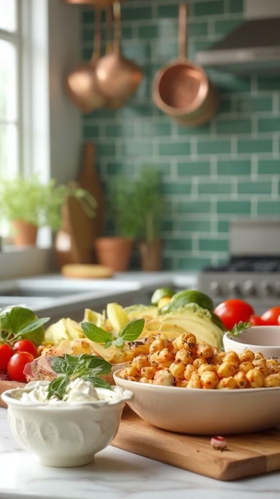 Healthy Snacks: Quick, Nutritious, And Delicious Options 7 Modern kitchen setting with a bowl of crispy roasted chickpeas, cut fruits and vegetables, creamy greek yogurt dip, cookware and utensils, basked in natural daylight.