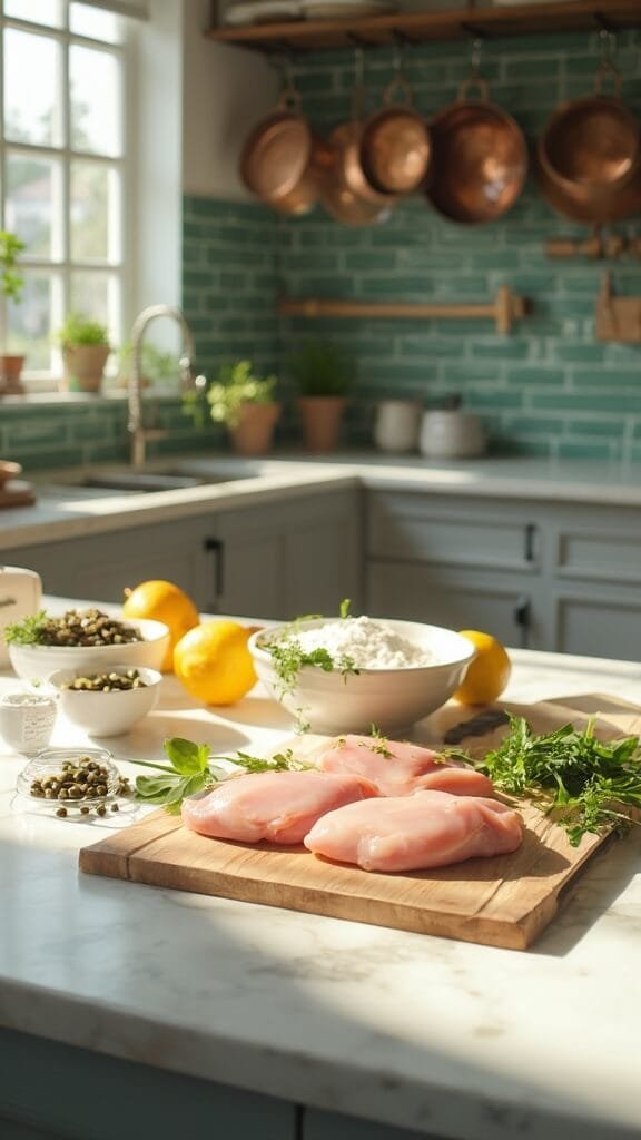 Classic Chicken Piccata With Lemon-Caper Sauce 3 Raw chicken breasts on a wooden cutting board with ingredients like lemons, parsley, capers and flour in a modern, light-filled kitchen with green subway tile backsplash and copper pots.