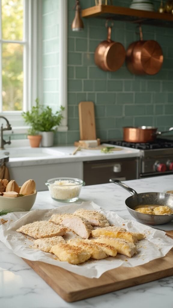 Classic Chicken Piccata With Lemon-Caper Sauce 4 Chicken cutlets on parchment paper in a modern kitchen with green subway tiles, warm lighting, and stainless steel appliances, including heated skillet on stovetop with melting butter and olive oil.
