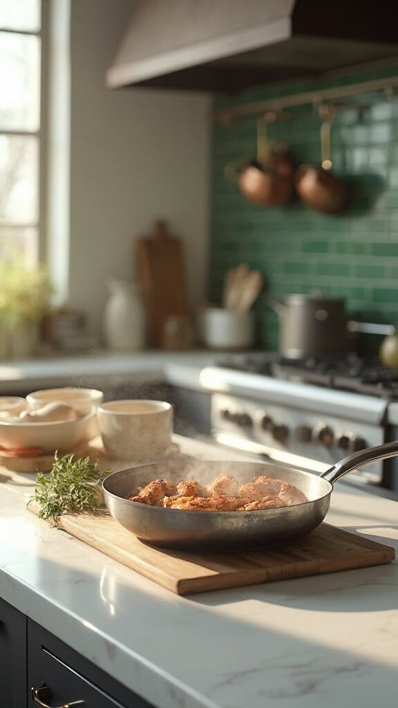 Classic Chicken Piccata With Lemon-Caper Sauce 5 Golden-brown chicken cutlets searing in skillet in modern kitchen with green subway tile backsplash and natural daylight