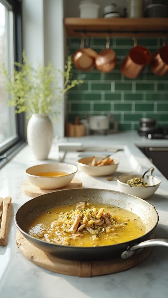 Classic Chicken Piccata With Lemon-Caper Sauce 6 Modern kitchen scene with sauce being made in a skillet on marble countertop, with wooden utensils and cream-colored prep bowls.