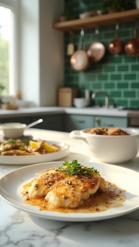 Classic Chicken Piccata With Lemon-Caper Sauce 7 Chicken piccata on a white ceramic plate in a modern kitchen with green subway tile backsplash, wooden utensils, and copper pots, lit by natural daylight