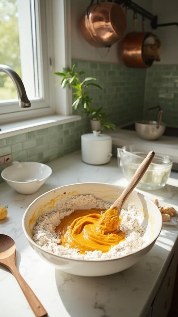 Cozy Homemade Pumpkin Bread (Makes 2 Perfect Loaves) 5 Professional food photography of pumpkin mixture being folded into dry ingredients in a modern kitchen with white marble countertops and stainless steel appliances.