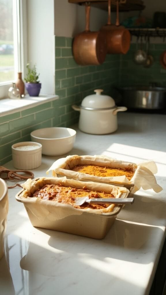 Cozy Homemade Pumpkin Bread (Makes 2 Perfect Loaves) 6 Professional food photographer capturing pumpkin bread batter being divided into parchment-lined loaf pans in a modern kitchen with white marble countertops and stainless steel appliances.