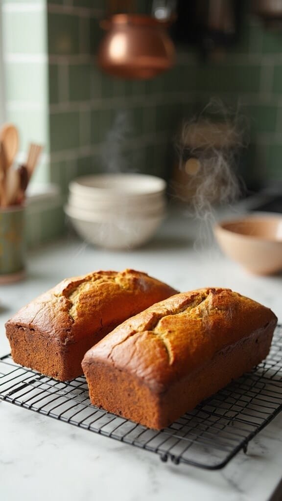 Cozy Homemade Pumpkin Bread (Makes 2 Perfect Loaves) 7 Freshly baked pumpkin bread loaves cooling on a wire rack in a modern kitchen with green subway tile backsplash.
