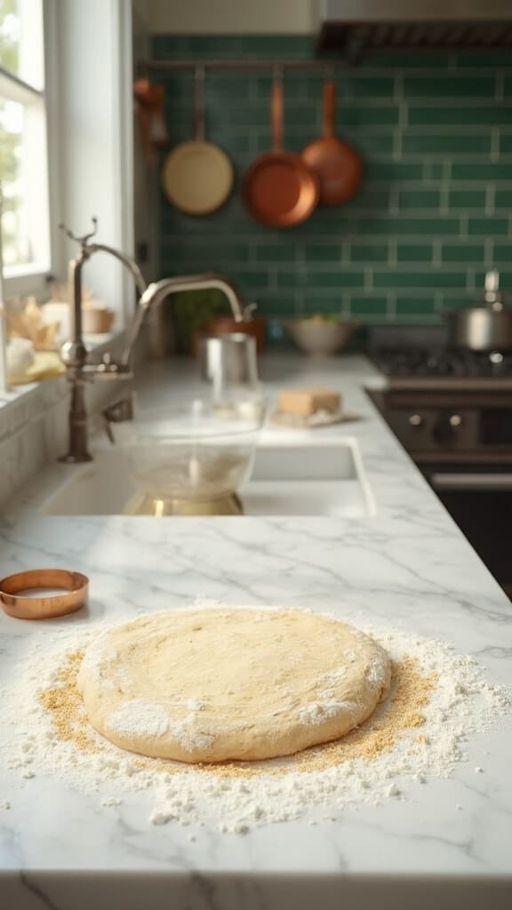 Classic Homemade English Muffins 4 Modern kitchen with white marble countertops, wooden utensils, cream ceramic bowls and green subway tile backsplash, with dough rolled to 1-inch thickness on counter and semolina flour sprinkled across the surface