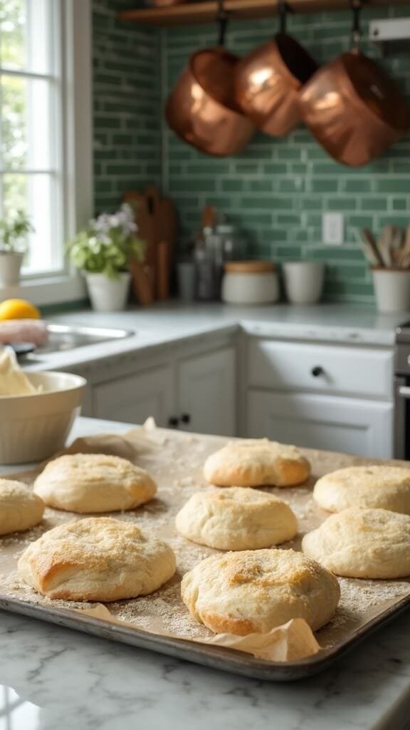 Classic Homemade English Muffins 5 Uncooked english muffins on semolina-dusted baking sheet in a modern kitchen with green subway tiles and copper pots