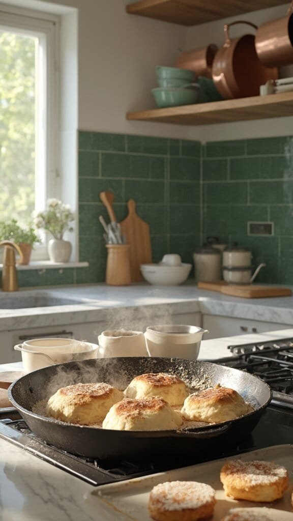 Classic Homemade English Muffins 6 Golden brown english muffins cooking in a cast-iron skillet in a modern kitchen with green subway tile backsplash, white marble counters, and stainless steel appliances, shot from a 45-degree angle with natural daylight.