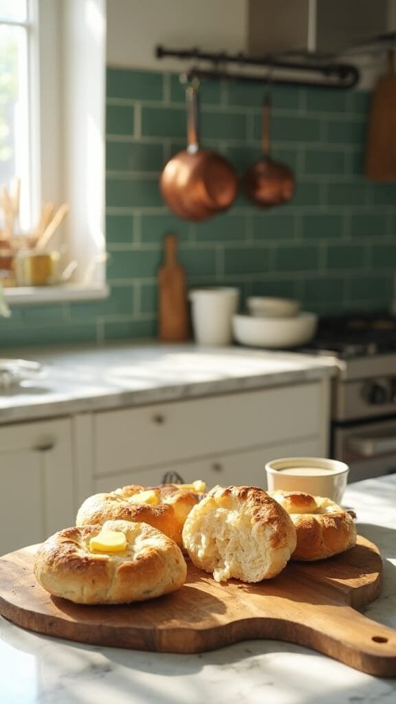Classic Homemade English Muffins 7 English muffins on a rustic board in a modern kitchen, one split open with melting butter, shot in natural daylight with canon 5d mark iv.