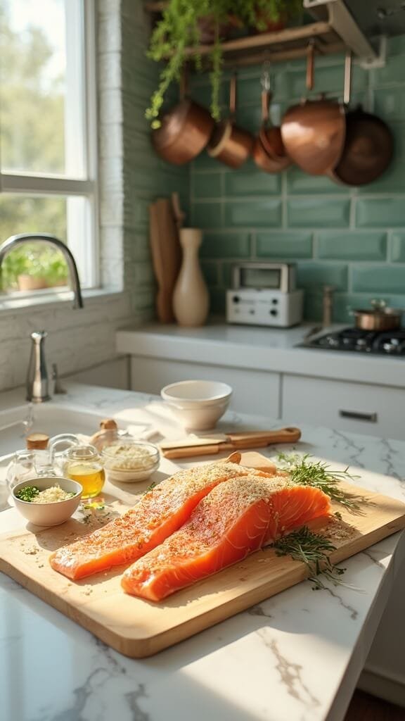 Crispy Parmesan Crusted Salmon (Quick &Amp; Easy Oven-Baked) 3 Shot of a modern kitchen setup with raw salmon fillets on a wooden board, ingredients in small bowls, and cookware, illuminated by natural daylight.