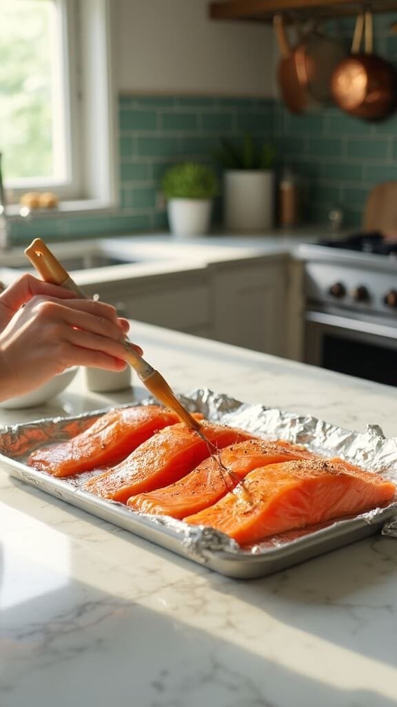 Crispy Parmesan Crusted Salmon (Quick &Amp; Easy Oven-Baked) 4 Four salmon fillets being brushed with olive oil on a modern kitchen counter, lit by natural daylight from a large window, with green tile backsplash and copper pots in the background.