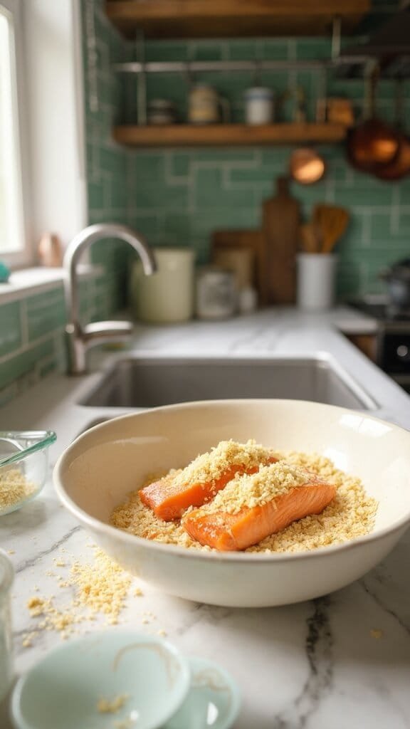 Crispy Parmesan Crusted Salmon (Quick &Amp; Easy Oven-Baked) 5 Hands pressing a parmesan crust onto a salmon fillet in a modern kitchen with green subway tile backsplash and warm, earthy color grading