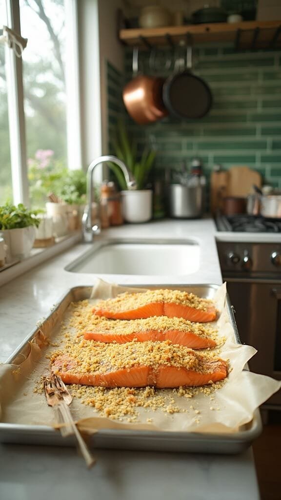 Crispy Parmesan Crusted Salmon (Quick &Amp; Easy Oven-Baked) 6 Salmon fillets with parmesan crust in a modern kitchen, ready for baking