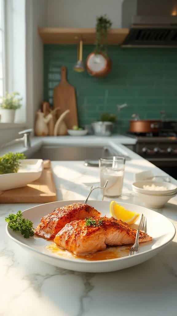 Crispy Parmesan Crusted Salmon (Quick &Amp; Easy Oven-Baked) 7 Golden-brown salmon fillets on a white serving platter with parsley garnish and lemon wedges in a modern kitchen, beautifully lit by natural daylight.