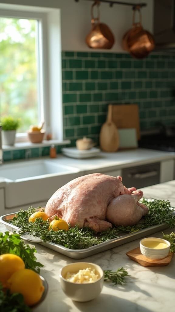 Low-Carb Lemon Herb Roasted Turkey 3 Raw turkey being prepared with fresh herbs, whole lemons, and butter in a modern white marble kitchen