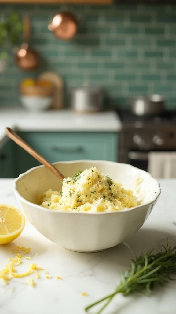 Low-Carb Lemon Herb Roasted Turkey 4 Cream-colored ceramic bowl with herb and lemon zest butter mixture on a modern kitchen countertop, with fresh herbs and lemon zest scattered around, and wooden spoon resting on bowl's edge.