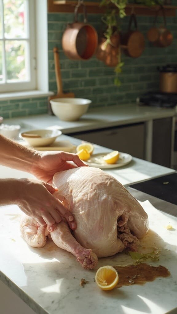 Low-Carb Lemon Herb Roasted Turkey 5 Professional food preparation of turkey with herb butter in a modern kitchen under natural daylight