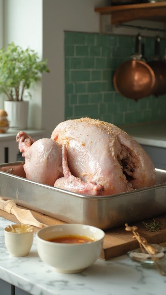 Low-Carb Lemon Herb Roasted Turkey 6 Raw turkey seasoned and stuffed with lemons in a roasting pan on a modern kitchen counter