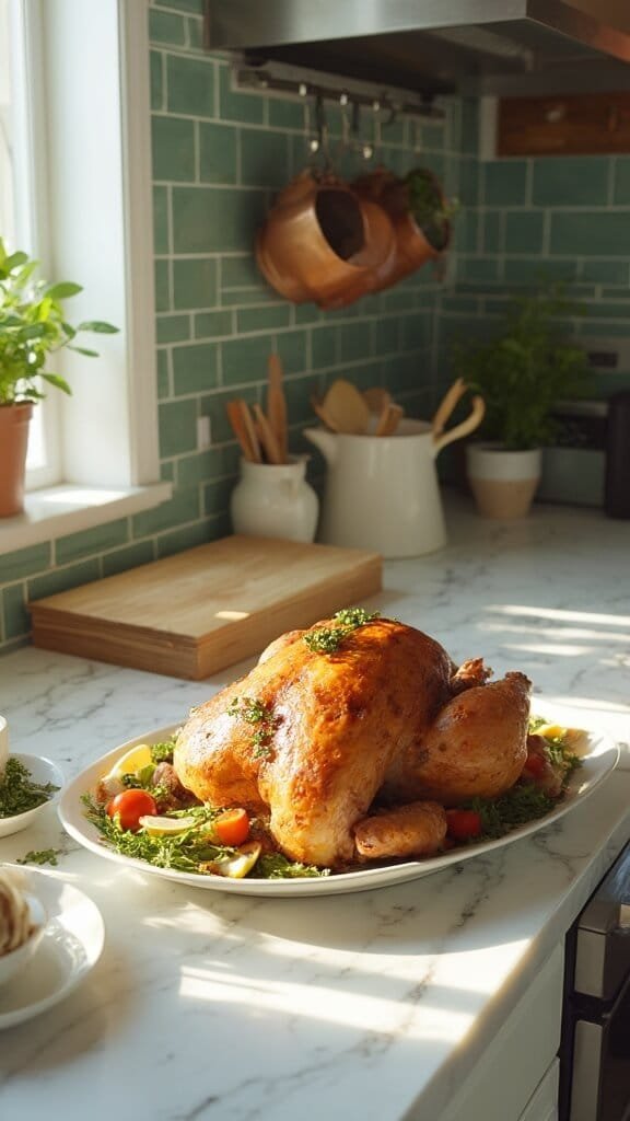 Low-Carb Lemon Herb Roasted Turkey 7 Golden-brown roasted turkey on a platter in a modern kitchen with fresh herb garnish and lemon wedges, surrounded by wooden utensils and cream-colored ceramic on white marble countertops.