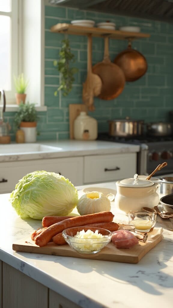 Keto Smoked Sausage And Cabbage Skillet (One-Pan, 30-Minute Meal) 3 Modern kitchen with white marble countertops, stainless steel appliances, cookware and raw ingredients like cabbage, sausage, diced onions, and spices on a cutting board under natural daylight.
