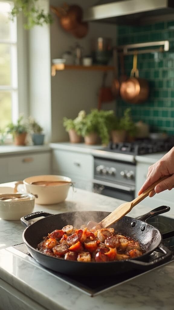Keto Smoked Sausage And Cabbage Skillet (One-Pan, 30-Minute Meal) 4 Sliced sausage browning in a cast iron skillet in a modern kitchen with green subway tile backsplash, wooden utensils and cream-colored prep bowls, shot in natural daylight from a 45-degree angle
