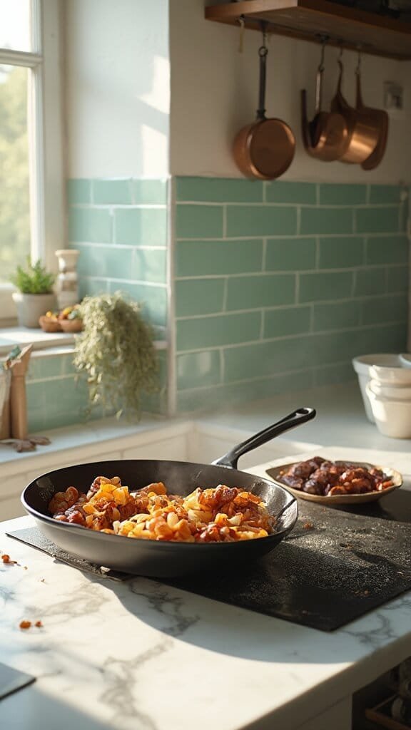 Keto Smoked Sausage And Cabbage Skillet (One-Pan, 30-Minute Meal) 5 Modern kitchen with green subway tile backsplash, wooden utensils, and cream-colored cookware. On the counter, translucent onions and garlic sauté in a cast iron skillet, with a bowl of browned sausage pieces beside it.