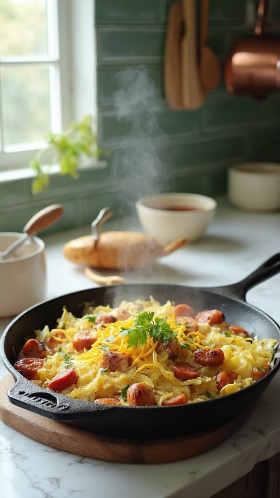 Keto Smoked Sausage And Cabbage Skillet (One-Pan, 30-Minute Meal) 7 Modern kitchen with green subway tiles, a dish of tender-crisp cabbage and sausage in a cast iron skillet garnished with fresh parsley on the marble countertop, and daylight streaming in.