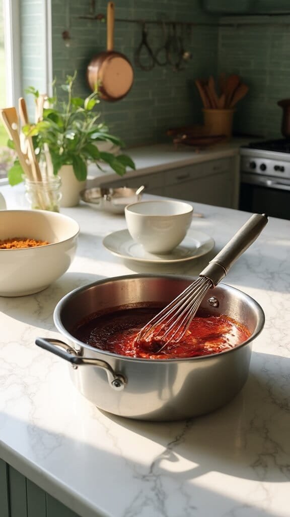 Homemade Keto Bbq Sauce 4 Modern kitchen with white marble countertops, stainless steel appliances, and green subway tiles with wooden utensils and cream-colored bowls, featuring burgundy sauce being whisked in a stainless steel saucepan.