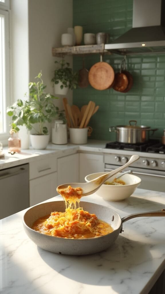 Homemade Keto Bbq Sauce 6 Professional food photography in a modern kitchen with wooden utensils, cream-colored ceramic bowls, and green subway tile backsplash, featuring a wooden spoon lifting glossy sauce.