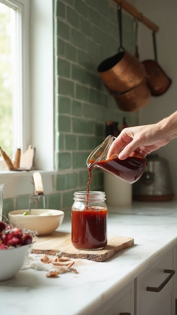 Homemade Keto Bbq Sauce 7 Keto bbq sauce being poured into a mason jar in a modern kitchen with white marble countertops, green subway tile backsplash, and warm, natural lighting.