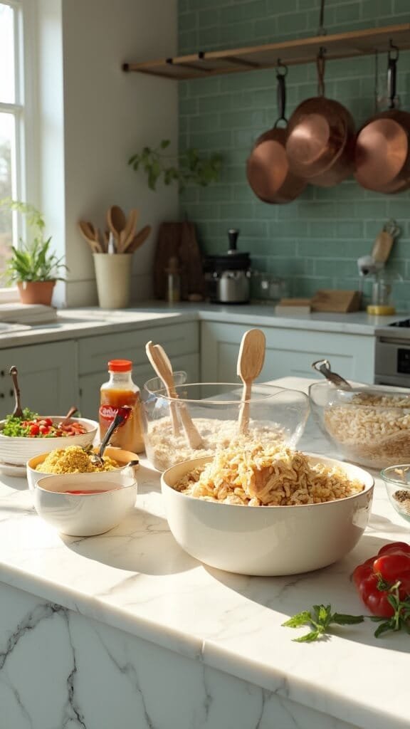 Buffalo Ranch Chicken Casserole (Keto-Friendly One-Dish Meal) 3 Professional food photography in a modern kitchen with shredded chicken and cauliflower rice ingredients neatly arranged on a white marble countertop.