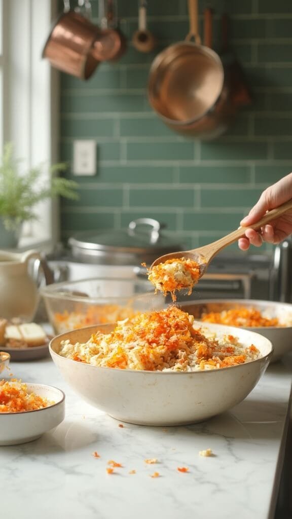 Buffalo Ranch Chicken Casserole (Keto-Friendly One-Dish Meal) 5 Shredded chicken and cauliflower rice being mixed with buffalo sauce in a modern kitchen with green subway tiles and wooden utensils