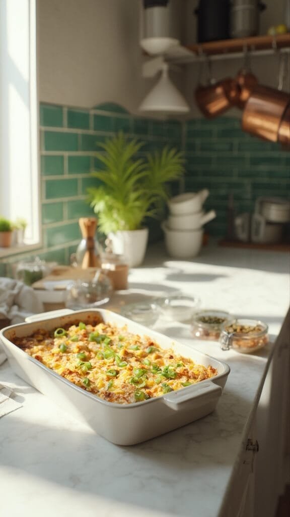 Buffalo Ranch Chicken Casserole (Keto-Friendly One-Dish Meal) 6 Unbaked casserole in a white ceramic baking dish with green onions and banana peppers, displayed in a modern kitchen with white marble countertops and stainless steel appliances, under natural daylight.