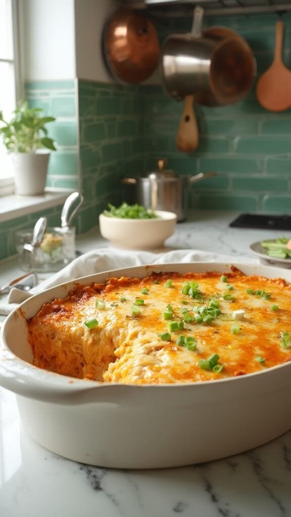 Buffalo Ranch Chicken Casserole (Keto-Friendly One-Dish Meal) 7 Golden-brown buffalo chicken casserole garnished with green onions in a modern kitchen, one portion being lifted to reveal creamy mixture