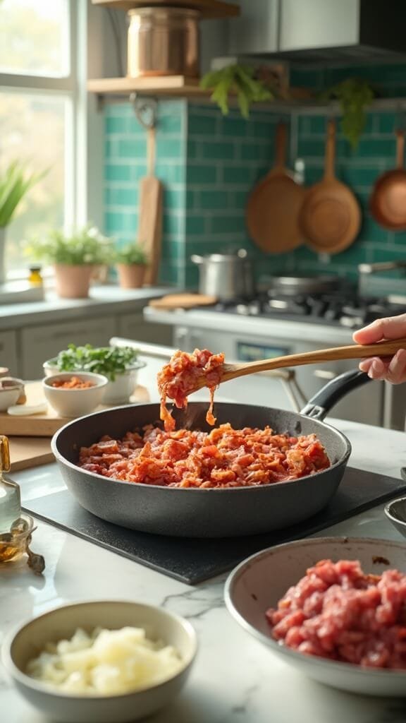Easy Keto Bacon Cheeseburger Casserole 3 Modern kitchen setting with professional food prep including crispy bacon in skillet and fresh ingredients in prep bowls