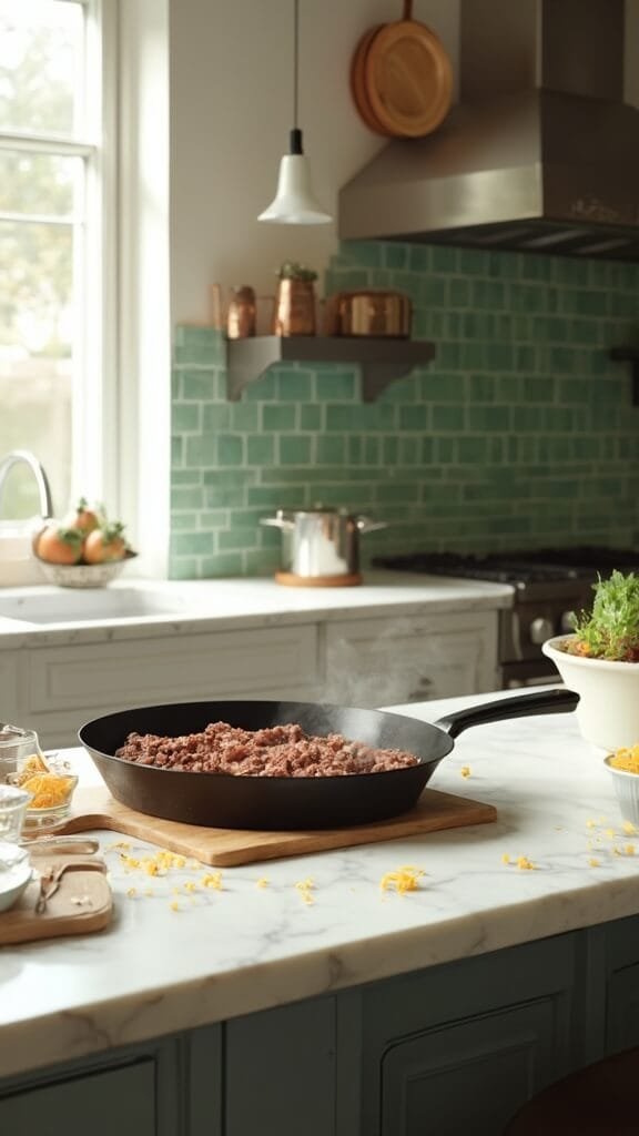 Easy Keto Bacon Cheeseburger Casserole 4 Modern kitchen with green tiles, stainless steel appliances, wooden utensils, and cream-colored bowls. Ground beef cooking in a cast-iron skillet, with ingredients for a cheese sauce in a glass bowl nearby.