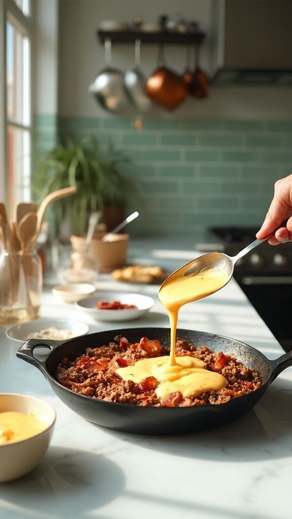 Easy Keto Bacon Cheeseburger Casserole 5 Cooked ground beef and crispy bacon in a skillet with creamy cheese mixture being poured over it in a modern kitchen with green subway tiles and warm, earthy tones.