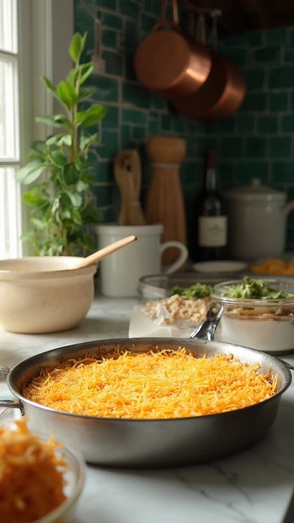 Easy Keto Bacon Cheeseburger Casserole 6 Unbaked casserole in skillet with shredded cheese topping in a modern kitchen with green subway tile backsplash and wooden utensils