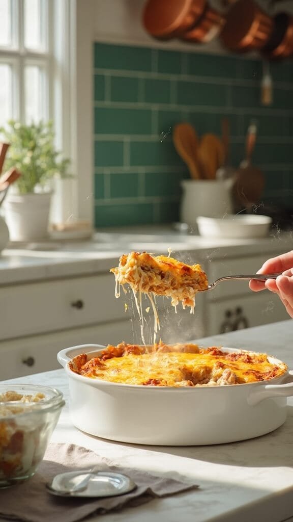 Easy Keto Bacon Cheeseburger Casserole 7 Fresh casserole with bubbling cheese being served in a modern kitchen with green subway tile backsplash, wooden utensils, and cream-colored ceramic bowls.
