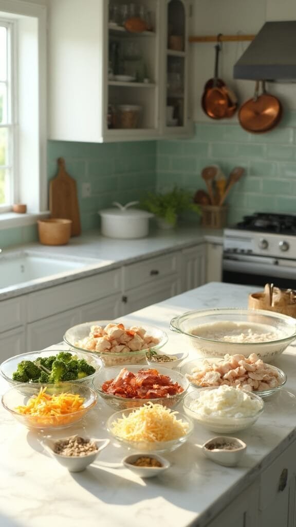 Keto Chicken Bacon Ranch Casserole 3 Ingredients for keto chicken bacon ranch casserole in clear glass bowls on a white marble countertop in a modern kitchen, shot with natural daylight.