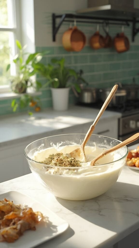 Keto Chicken Bacon Ranch Casserole 4 Modern kitchen with copper pots, wooden utensils and cream-colored bowls, mixing cream cheese mixture with ranch seasonings under natural daylight