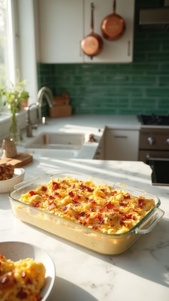 Keto Chicken Bacon Ranch Casserole 6 Casserole preparation in a modern kitchen, cheese and bacon being sprinkled on top in a glass baking dish