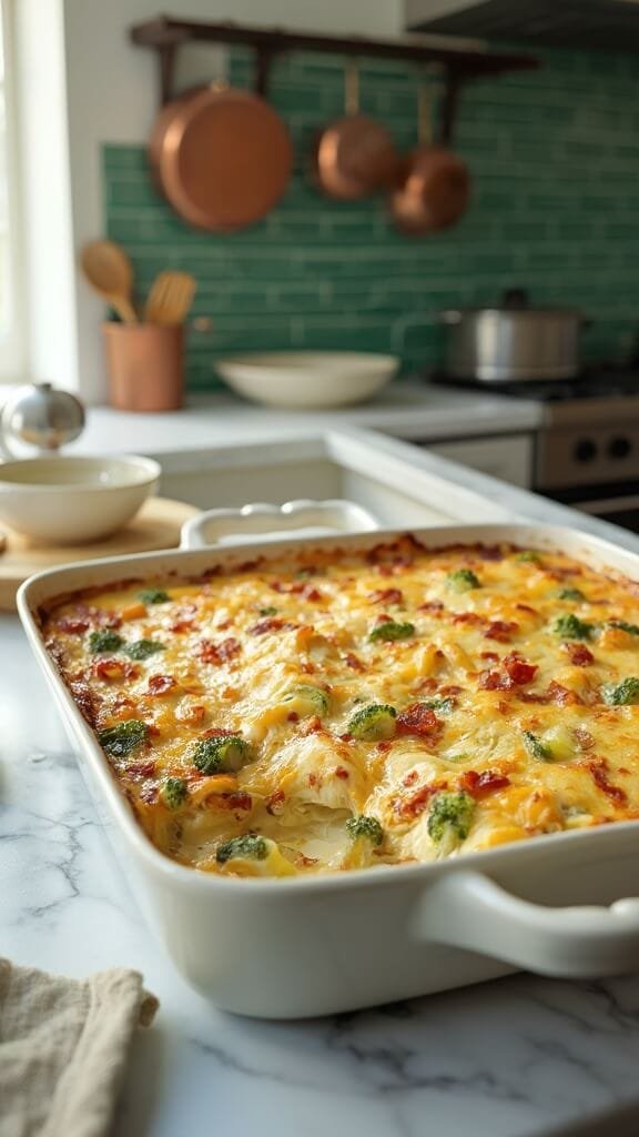 Keto Chicken Bacon Ranch Casserole 7 Golden brown chicken, broccoli, and bacon casserole in cream-colored ceramic dish on a modern kitchen counter with green subway tile backsplash, wooden utensils, and copper pots.